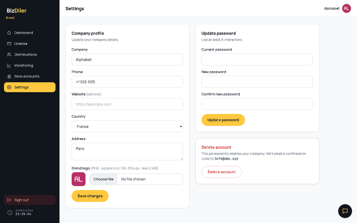 Settings page